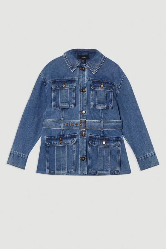 Denim Pocket Detail Belted Safari Jacket