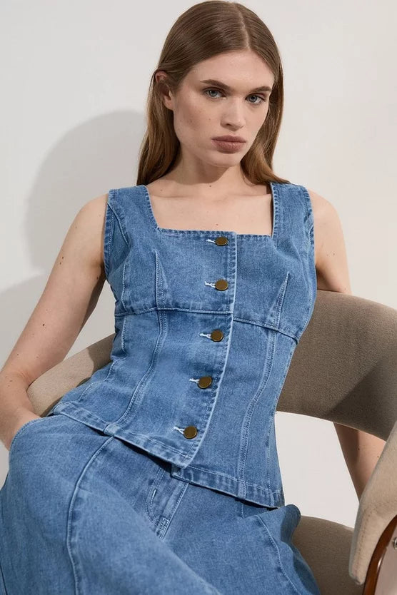 Denim Soft Wash Sleeveless Square Neck Top