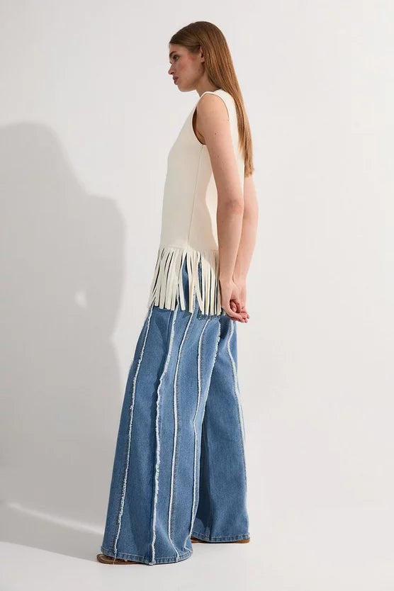Denim Tassel Detail Wide Leg Jeans