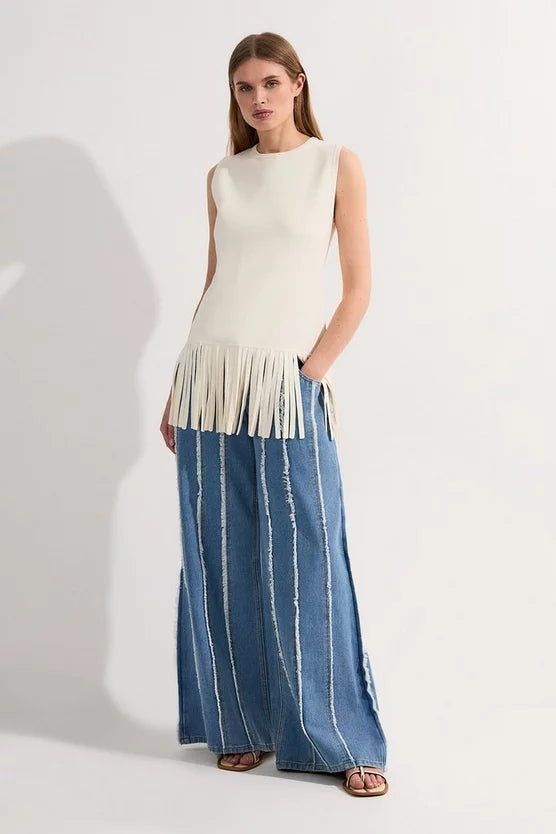 Denim Tassel Detail Wide Leg Jeans