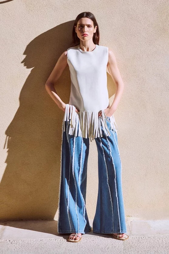 Denim Tassel Detail Wide Leg Jeans