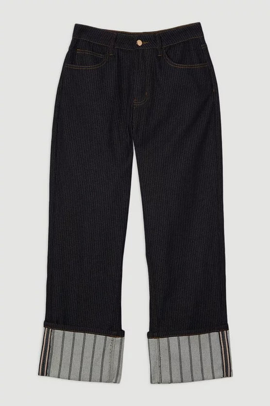 Stripe Denim Turn Up Straight Leg Jean