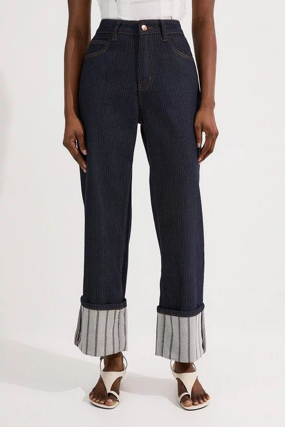 Stripe Denim Turn Up Straight Leg Jean