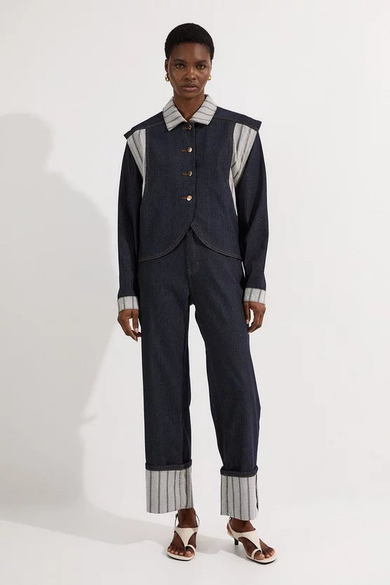 Stripe Denim Turn Up Straight Leg Jean
