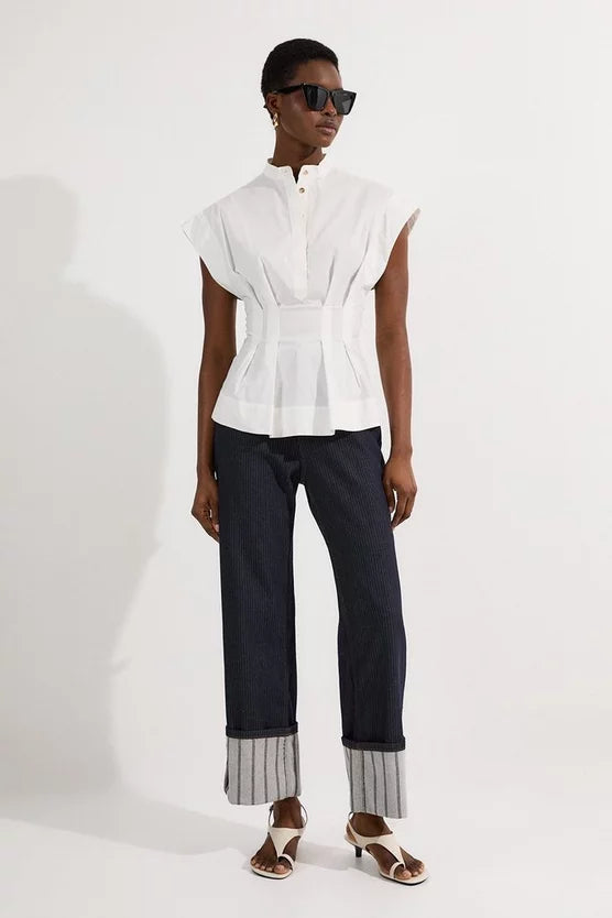 Stripe Denim Turn Up Straight Leg Jean