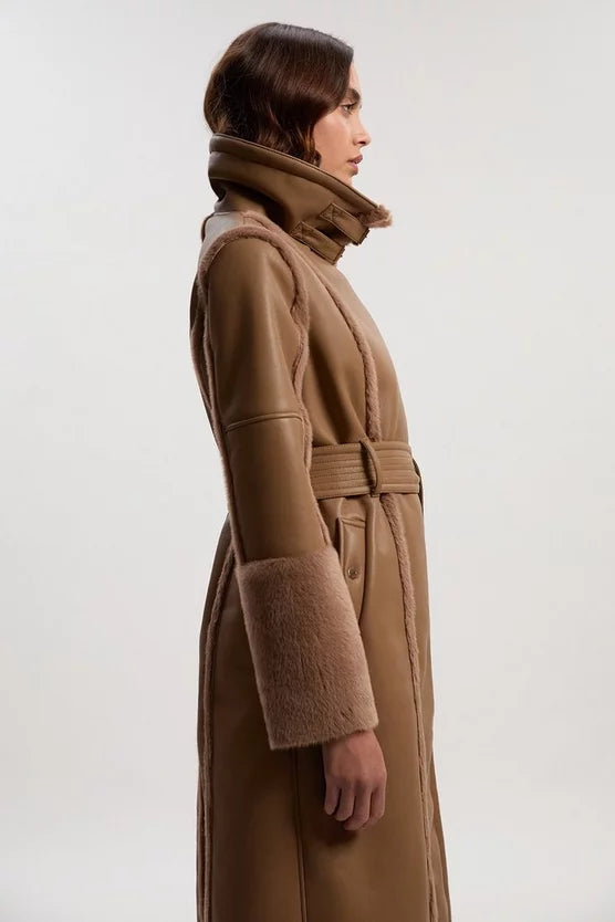 Faux Fur Buckle Detail Belted Biker Midi Coat