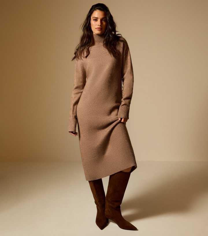 Mink High Neck Back Slit Midi Jumper Dress