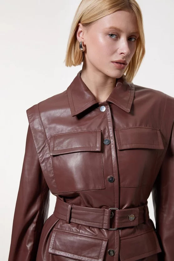 Leather Belted Shoulder Detail Tailored Jacket