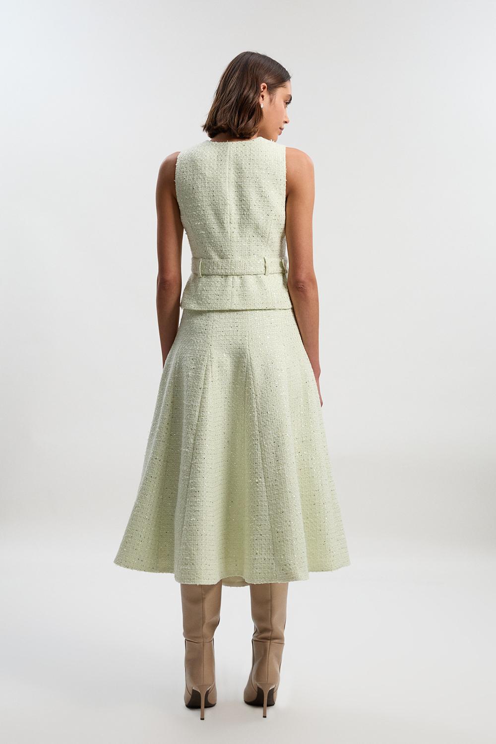 Boucle Tailored Sleeveless Satin Mix Full Skirted Midi Dress