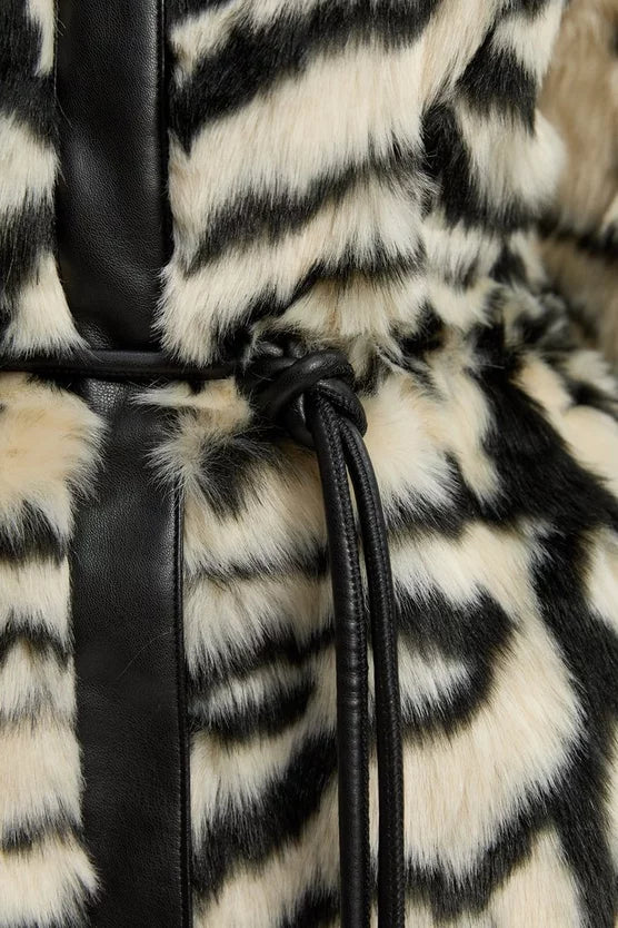 Faux Fur Zebra Collarless Coat