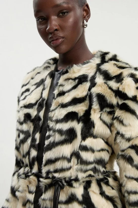 Faux Fur Zebra Collarless Coat