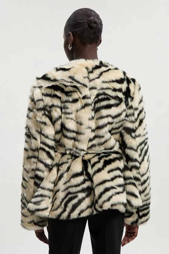 Faux Fur Zebra Collarless Coat