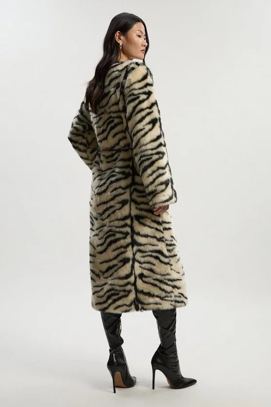 Faux Fur Zebra Collarless Tie Belted Midi Coat