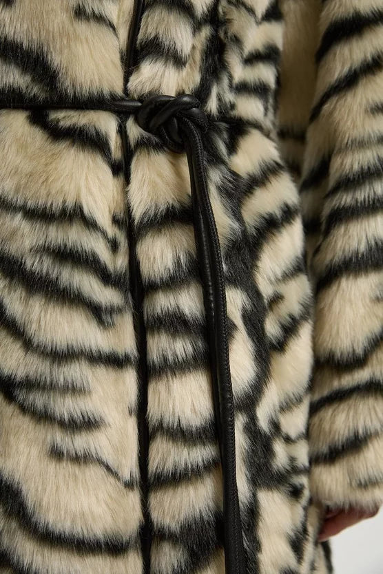 Faux Fur Zebra Collarless Tie Belted Midi Coat