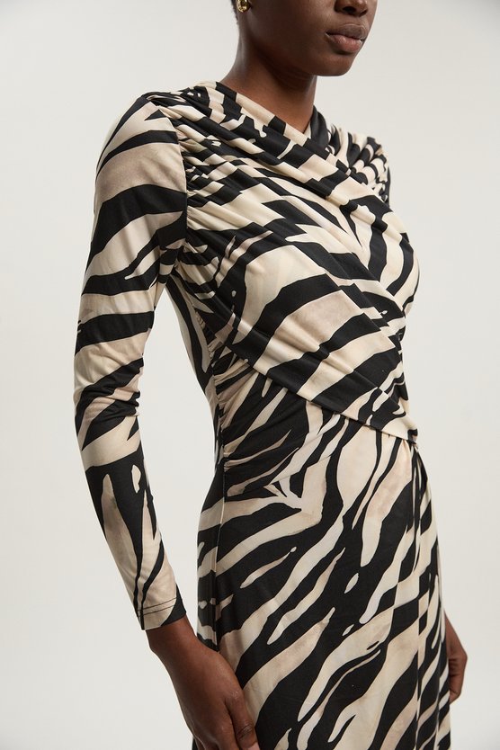 Zebra Print Crepe Twist Detail Maxi Dress