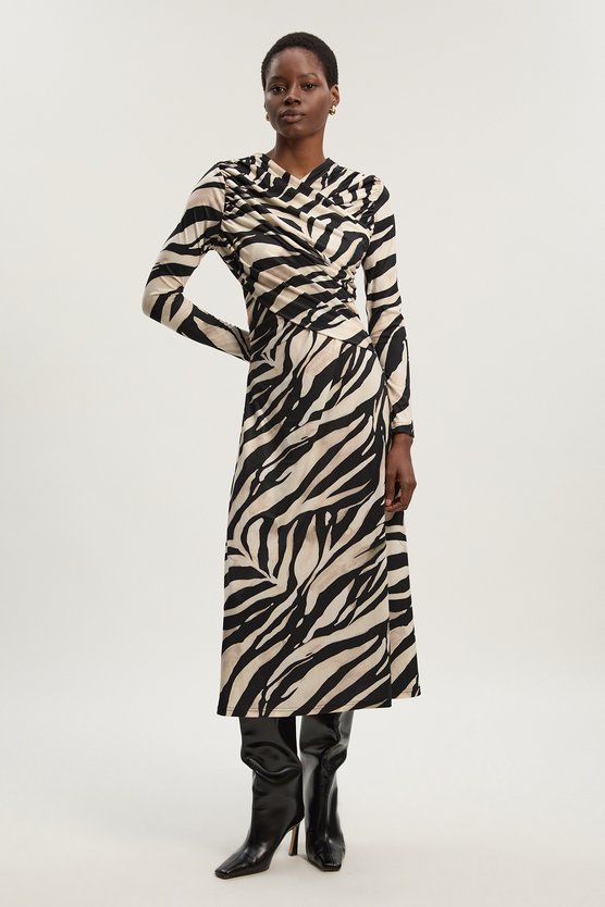Zebra Print Crepe Twist Detail Maxi Dress
