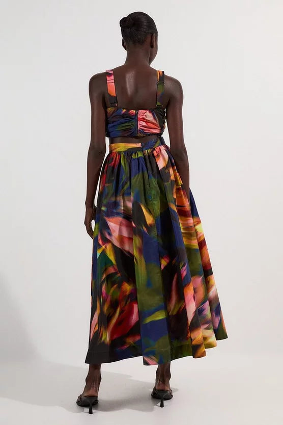 Blurred Floral Drama Woven Taffeta Maxi Dress