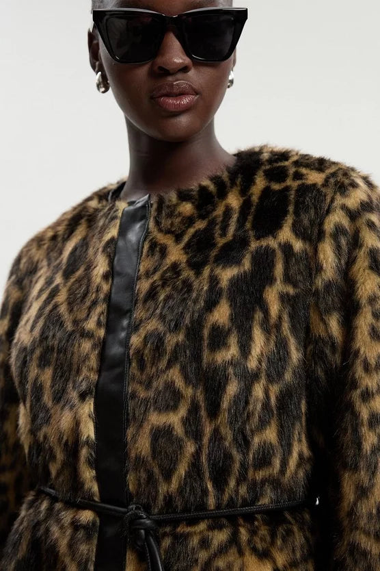 Faux Fur Leopard Collarless Coat