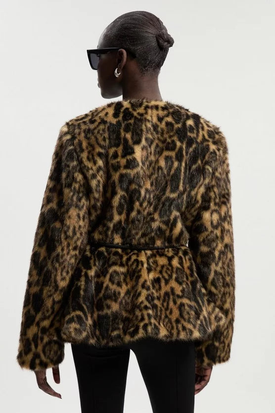 Faux Fur Leopard Collarless Coat