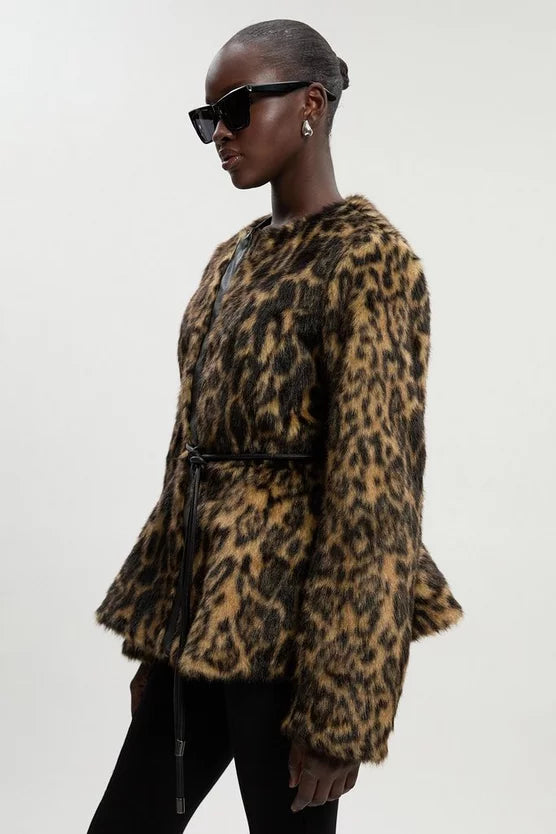 Faux Fur Leopard Collarless Coat