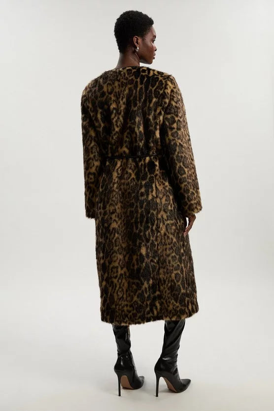Faux Fur Leopard Collarless Tie Belted Midi Coat