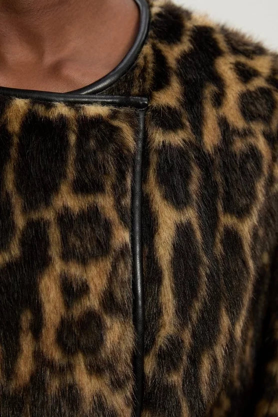 Faux Fur Leopard Collarless Tie Belted Midi Coat