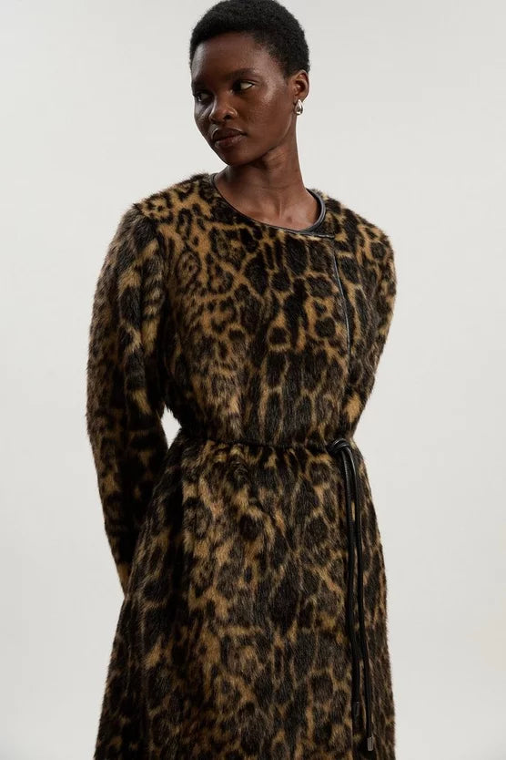 Faux Fur Leopard Collarless Tie Belted Midi Coat