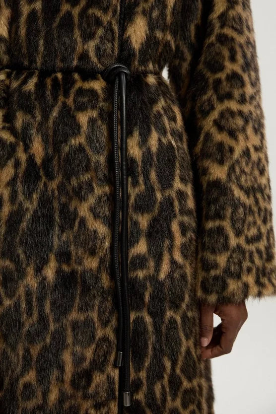 Faux Fur Leopard Collarless Tie Belted Midi Coat