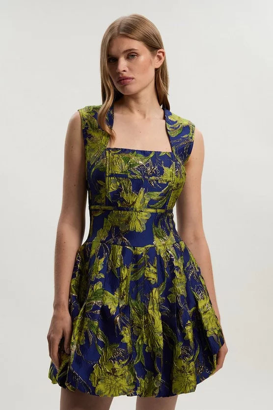 Floral Jacquard Tailored Puff Mini Dress