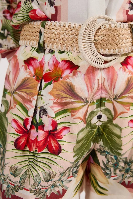 Mirrored Viscose Linen Floral Print With Raffia Belt Woven City Shorts
