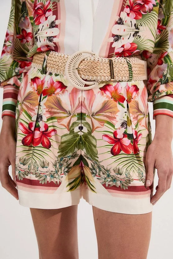 Mirrored Viscose Linen Floral Print With Raffia Belt Woven City Shorts