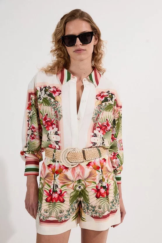 Mirrored Viscose Linen Floral Print With Raffia Belt Woven City Shorts