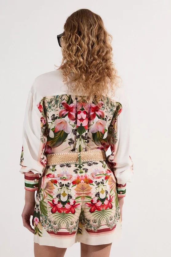 Mirrored Viscose Linen Floral Print With Raffia Belt Woven City Shorts