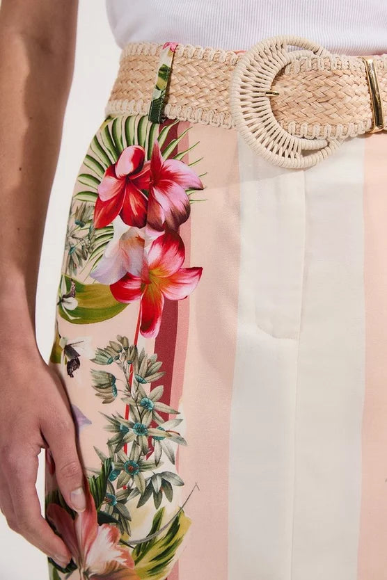 Mirrored Viscose Linen Floral Print With Raffia Belt Woven Midi Skirt