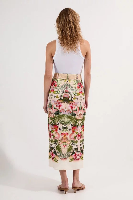 Mirrored Viscose Linen Floral Print With Raffia Belt Woven Midi Skirt