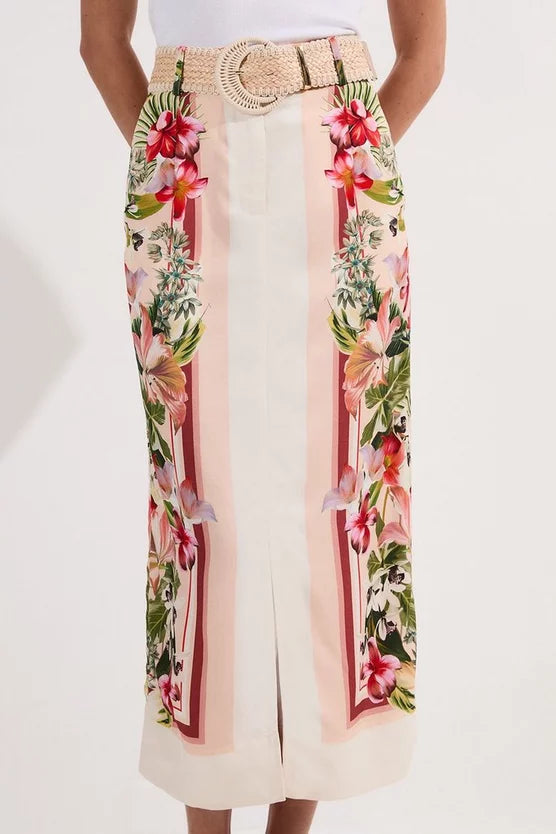 Mirrored Viscose Linen Floral Print With Raffia Belt Woven Midi Skirt