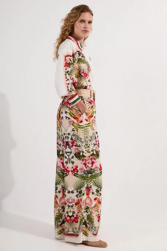 Mirrored Viscose Linen Floral Print With Raffia Belt Woven Trousers
