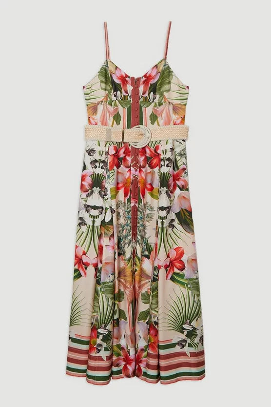 Mirrored Viscose Linen Floral Print Woven Maxi Dress