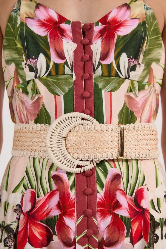 Mirrored Viscose Linen Floral Print Woven Maxi Dress