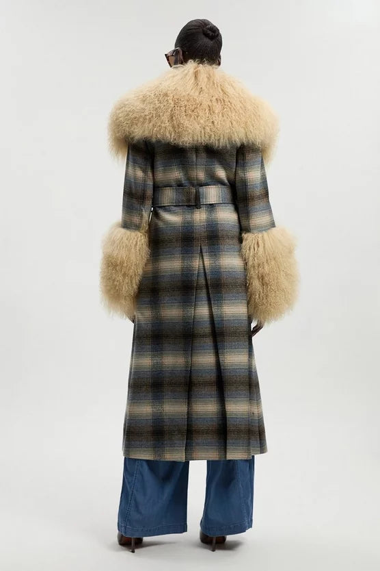 Wool & Shearling Check Tailored Double Breasted Belted Midi Coat