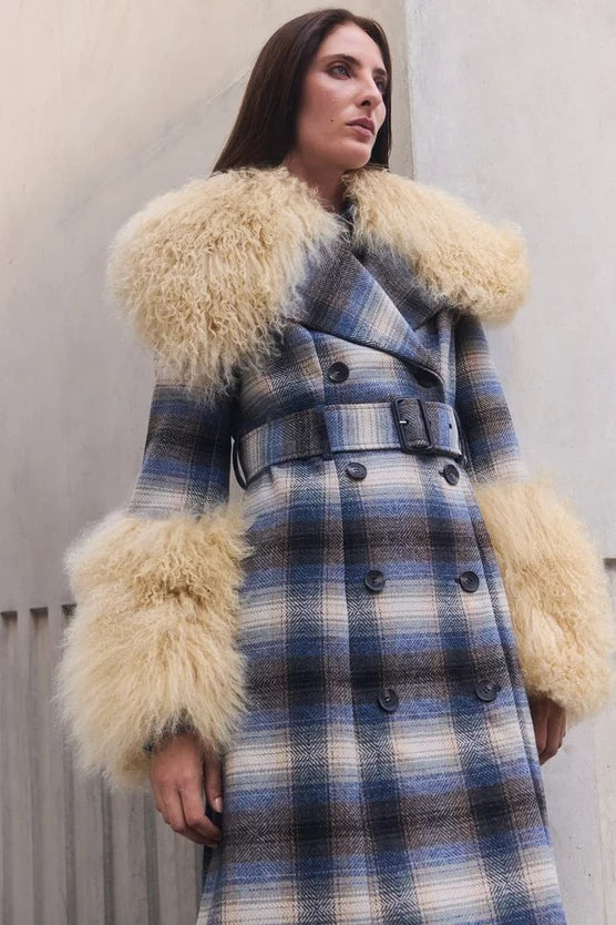 Wool & Shearling Check Tailored Double Breasted Belted Midi Coat