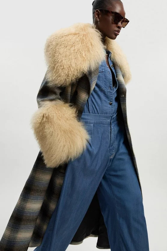 Wool & Shearling Check Tailored Double Breasted Belted Midi Coat