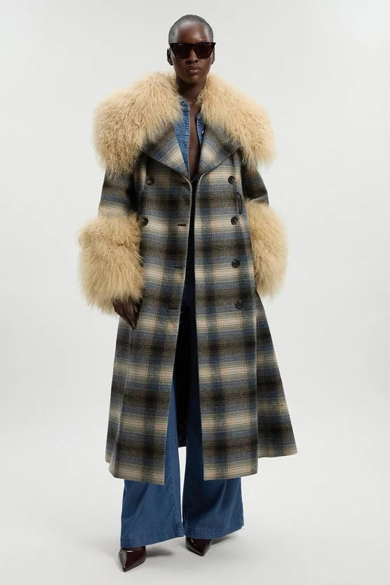 Wool & Shearling Check Tailored Double Breasted Belted Midi Coat