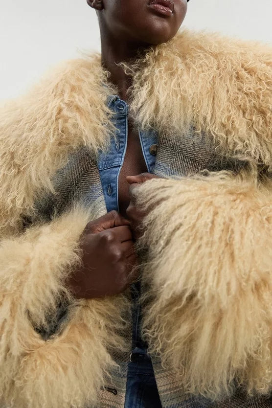 Wool & Shearling Check Tailored Double Breasted Belted Midi Coat