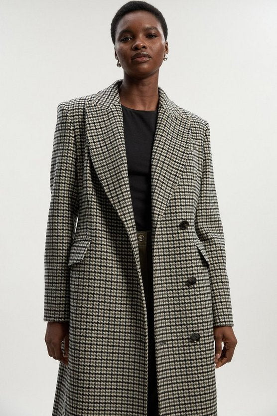 Wool Blend Houndstooth Tailored Fitted Maxi Coat