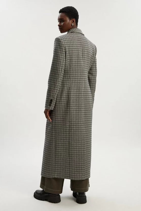 Wool Blend Houndstooth Tailored Fitted Maxi Coat