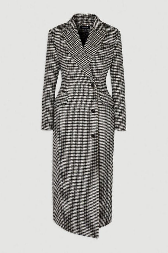 Wool Blend Houndstooth Tailored Fitted Maxi Coat