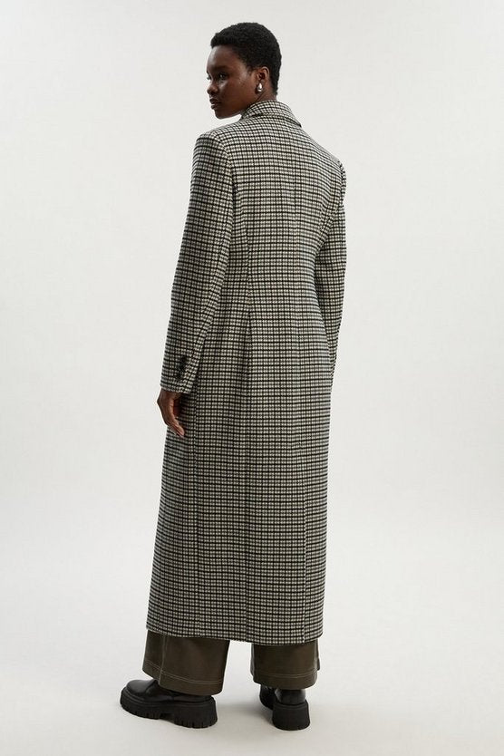 Wool Blend Houndstooth Tailored Fitted Maxi Coat