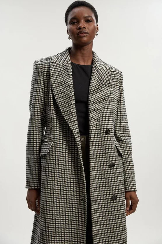 Wool Blend Houndstooth Tailored Fitted Maxi Coat