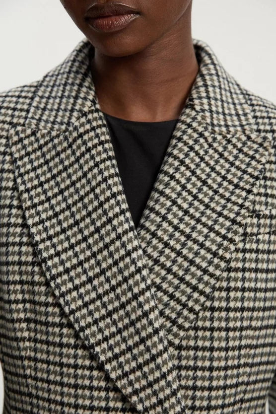 Wool Blend Houndstooth Tailored Fitted Maxi Coat